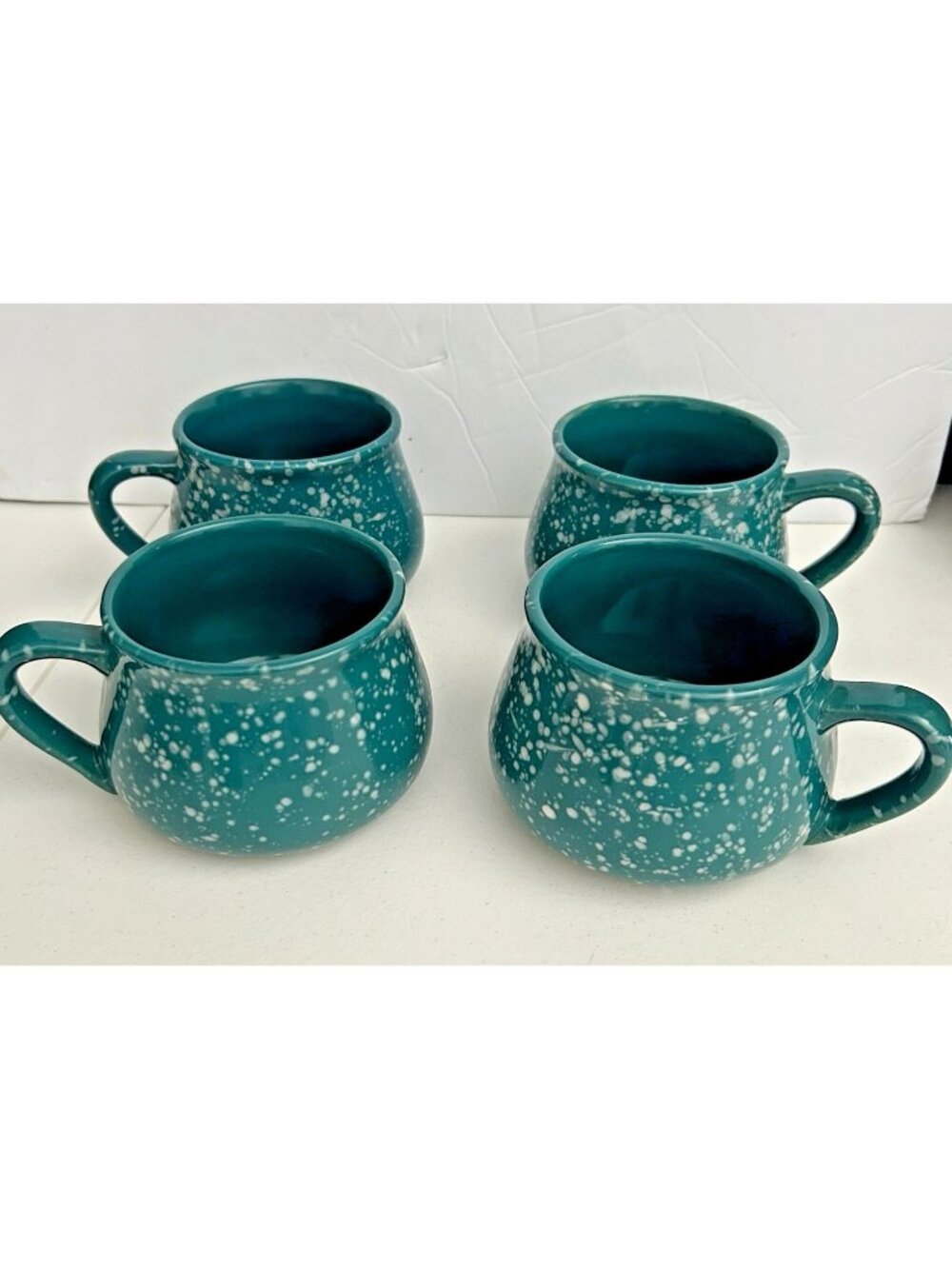 Set of 4 Ceramic Pot Belly Coffee Mugs Cup Teal Green White Splatter Country USA